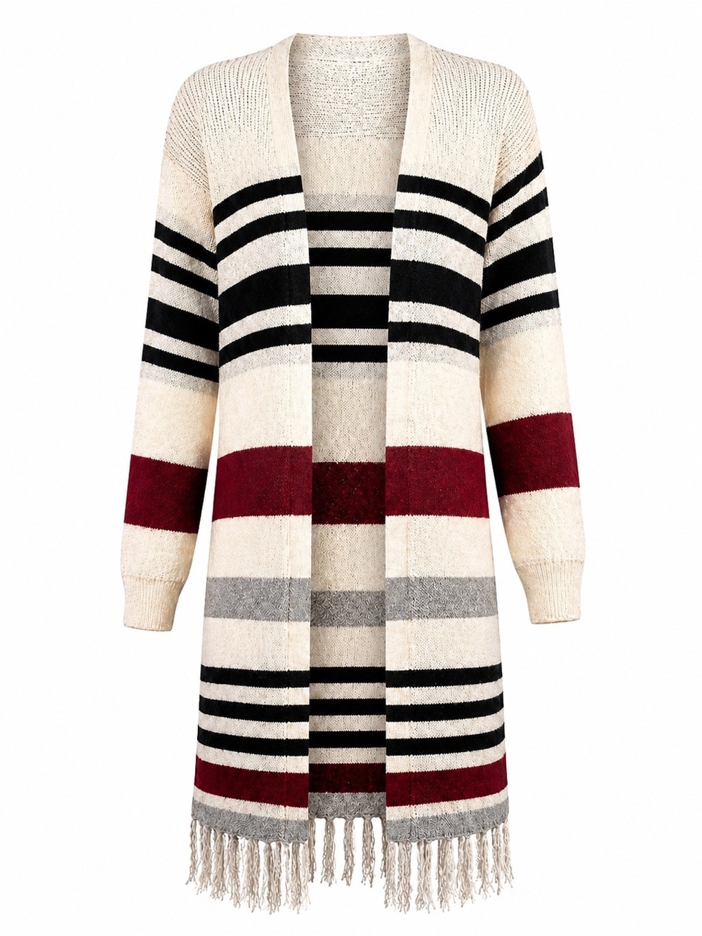 NEW SHEIN Long Striped Fringe Cardigan Size S Open Front Knit Sweater Duster